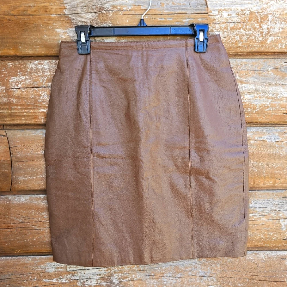 Vintage Savannah Western Fall Genuine Leather Brown Midi Skirt Zip Up Back - Picture 5 of 9